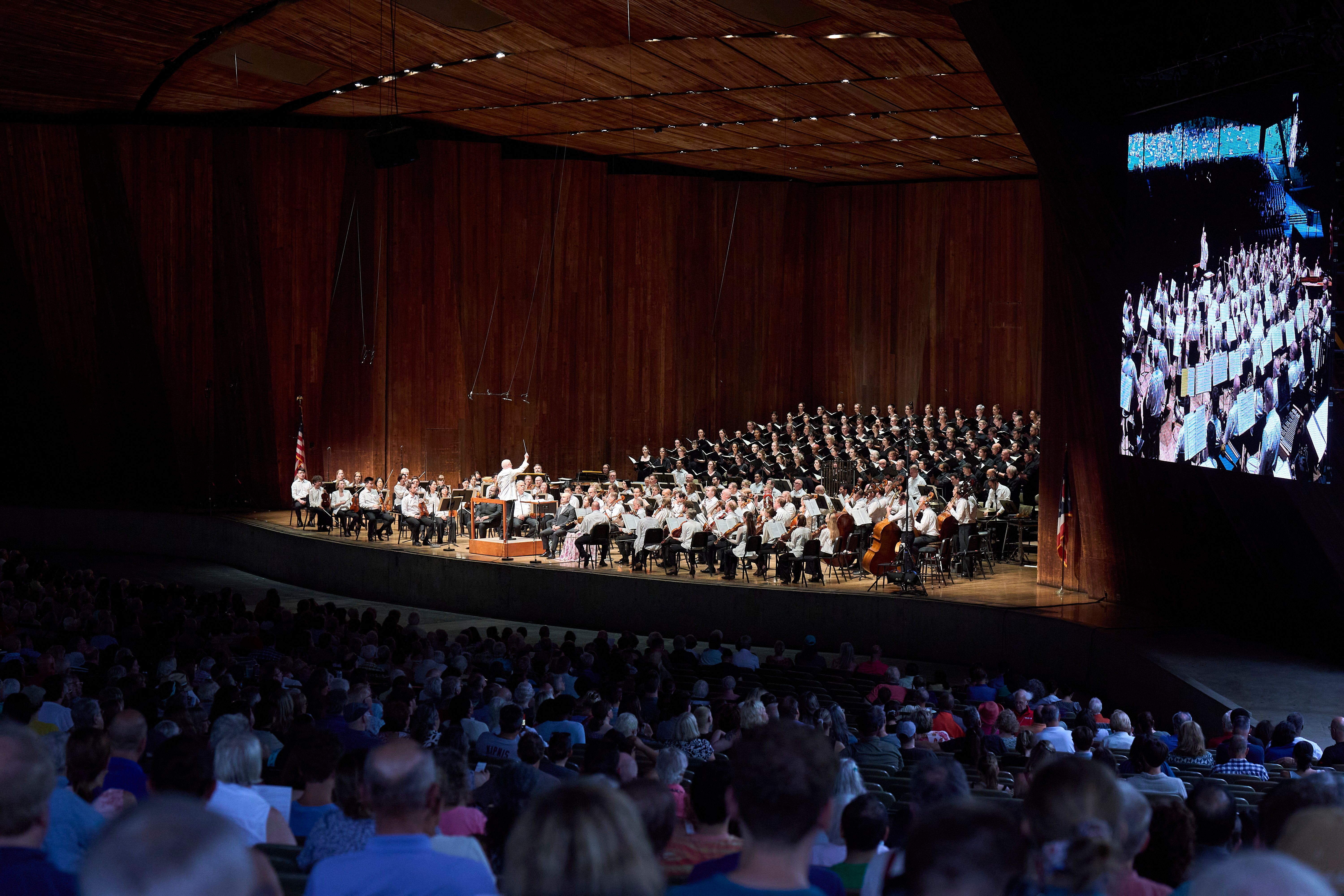 interior photo of Blossom Music Center pavilion with The Cleveland Orchestra on stage